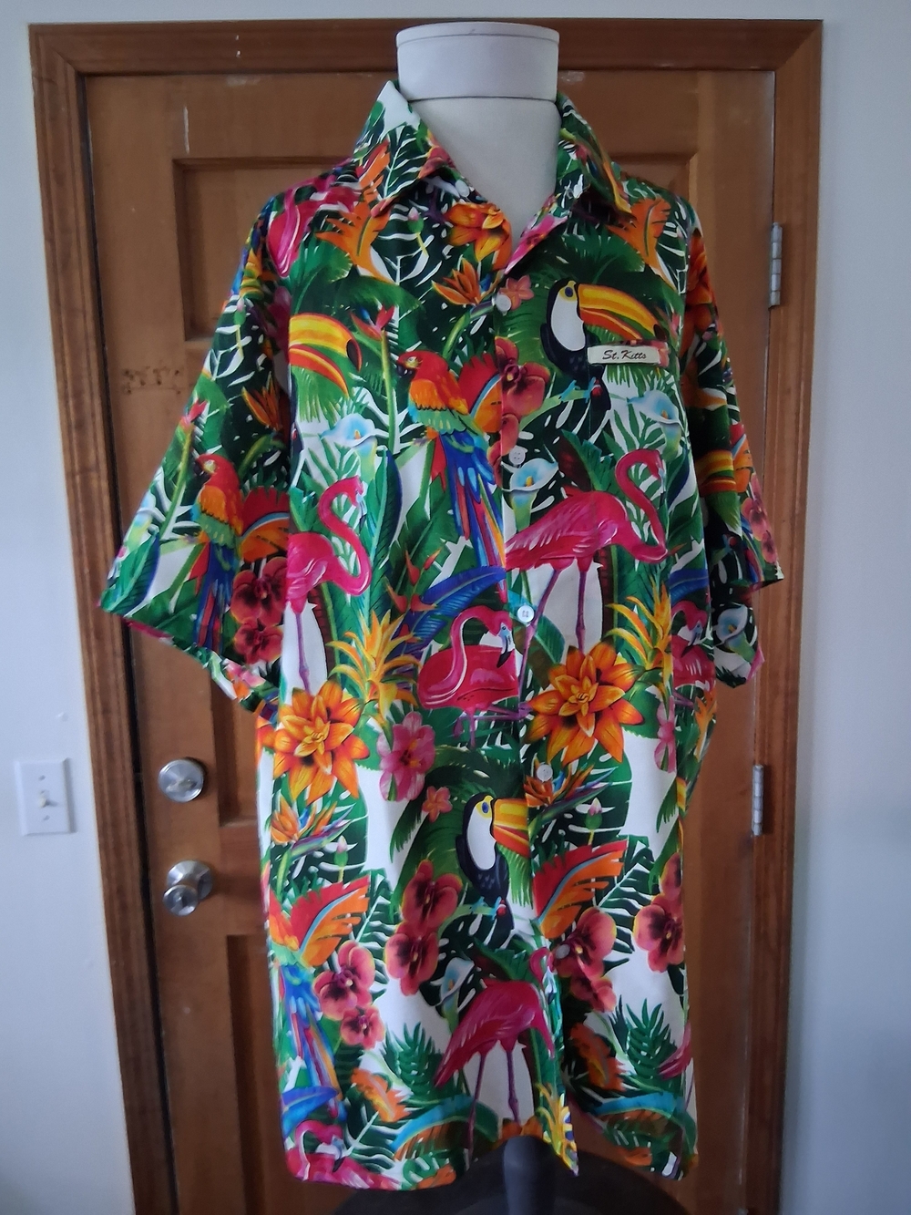 Tropical Birds Hawaiian Shirt with Pink Flamingos & Green Foliage